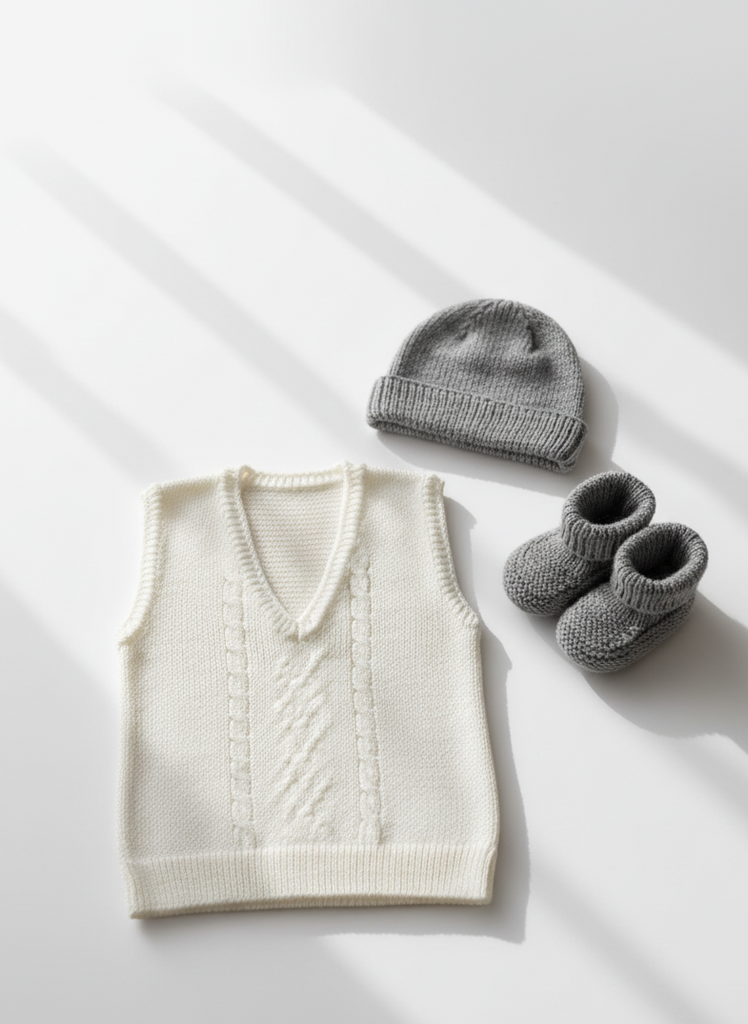 Newborn White Woolen Vest ,Comfortable Knitted Winter Wear Baby Winter Vest , Hand Knitted Soft Wool Sleeveless Sweater White Baby Vest for Winter , Cozy and Skin-Friendly Knitwear Knitted Baby Sweater Vest , Warm and Gentle Winter Outfit for Infants