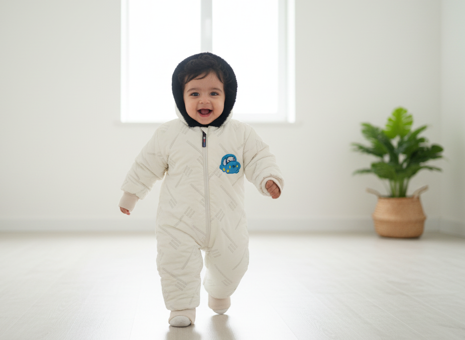 Warm Fur-Hooded Winter Romper Jacket for Baby Girls & Boys, Fur Hood Snowsuit, Cozy Winter Pramsuit , Baby Padded Jumpsuit , Long-Sleeve Thermal Jumpsuit Outerwear , Premium and imported quality