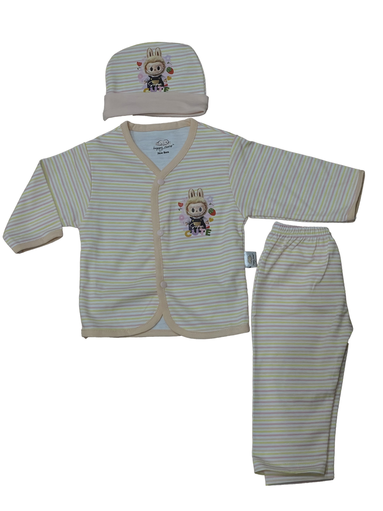 Newborn 3-Piece Striped Kimono Shirt, Pants, and Hat Set (Clear, includes piece count, style, and items)