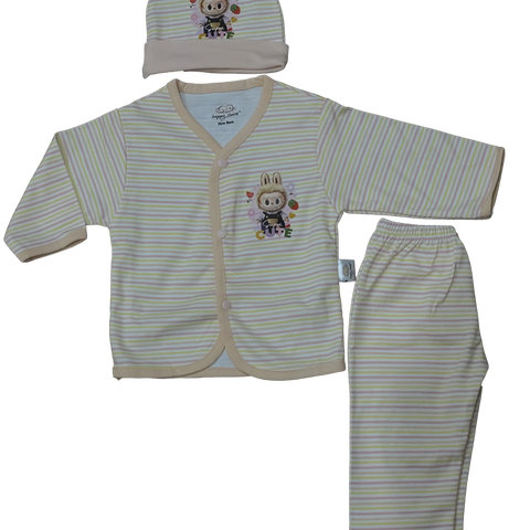 Newborn 3-Piece Striped Kimono Shirt, Pants, and Hat Set (Clear, includes piece count, style, and items)