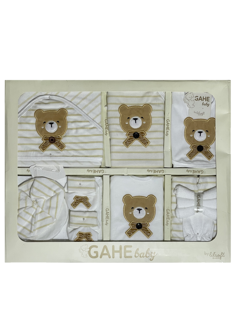 Newborn 12 Piece Teddy Bear Print Striped Gift Set , Unisex Infant Cotton Layette Set in Gift Box,New Baby Shower Gift Set with Bear Appliqué