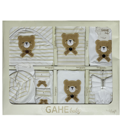 Newborn 12 Piece Teddy Bear Print Striped Gift Set , Unisex Infant Cotton Layette Set in Gift Box,New Baby Shower Gift Set with Bear Appliqué