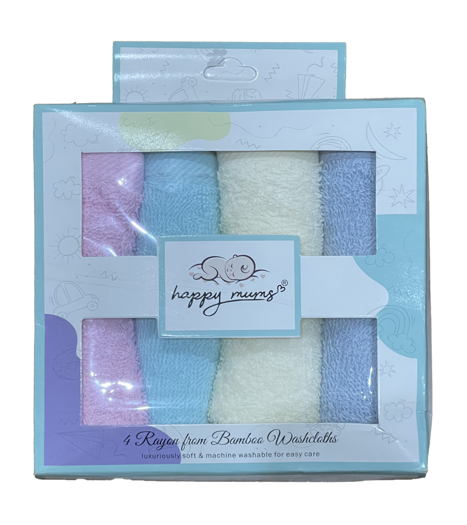 4-Pack Rayon from Bamboo Terry Baby Washcloths (Clear, includes piece count, material, and weave type) , Ultra-Soft Absorbent Newborn Face Cloths Multi-Pack (Focuses on function)