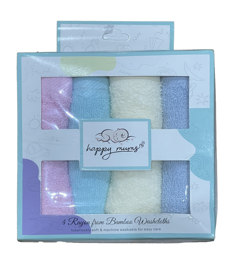 4-Pack Rayon from Bamboo Terry Baby Washcloths (Clear, includes piece count, material, and weave type) , Ultra-Soft Absorbent Newborn Face Cloths Multi-Pack (Focuses on function)