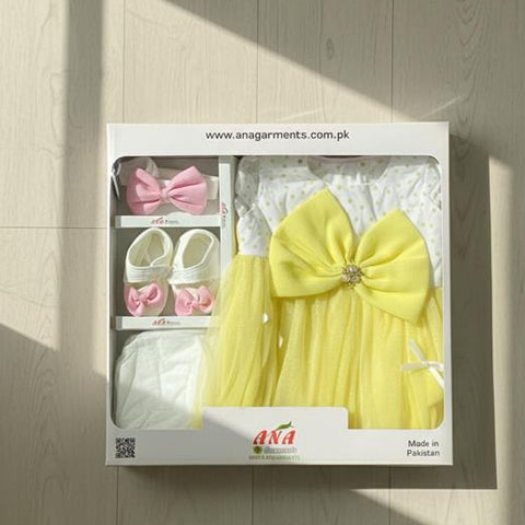 Elegant & Boutique-Style:  The Sunshine Welcome Box: 4-Piece Baby Girl Gift Set  The Buttercup Bow Complete Outfit Box  Little Princess Luxury Welcome Set